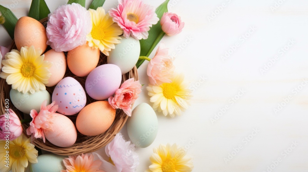 Easter eggs and flowers on a white background. Generative AI.