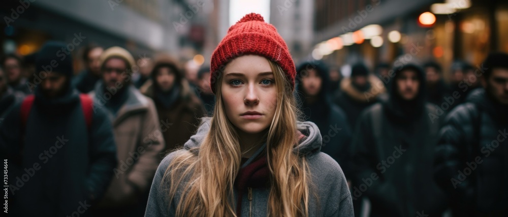 A woman in a red hat standing in a crowd. Generative AI.