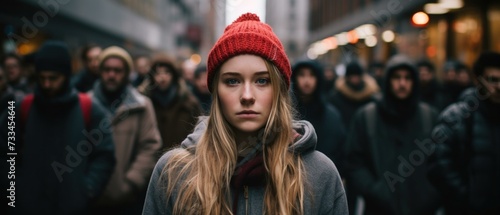 A woman in a red hat standing in a crowd. Generative AI.