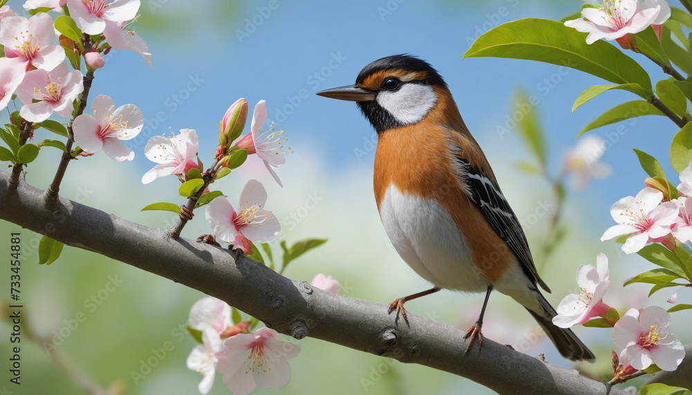 Bird on branch, enjoying vibrant flower Bird on branch, enjoying vibrant flower