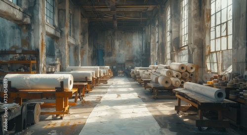 An abandoned factory room is filled with rolls of paper, their unwound ends spilling onto the floor, a reminder of the bustling industry that once occupied the now empty tables and furniture