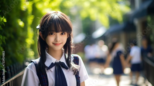 Asian girl in school uniform posing for the camera. Generative AI.