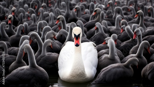Fototapeta Naklejka Na Ścianę i Meble -  One white swan between many black swans created with Generative AI