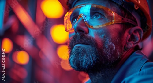 A rugged man donning safety gear exudes confidence and determination as he poses for a portrait, his thick beard and mustache adding to his stoic presence photo