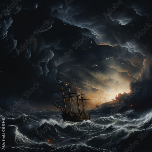 Stormy sea with stormy sky. 3d render illustration.
