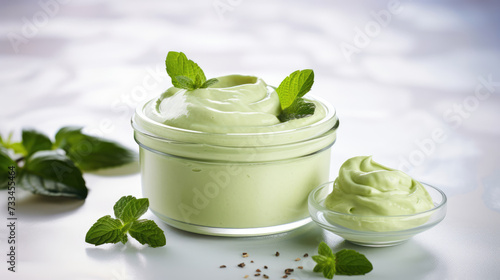 Cream with extract of Green tea on light background photo