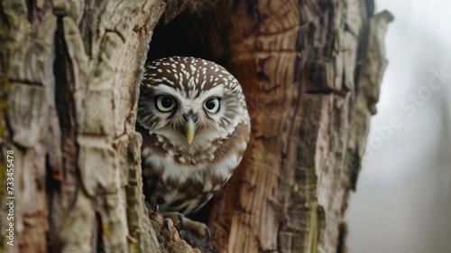 Adorable Owl Peering from Tree Hole AI Generated.