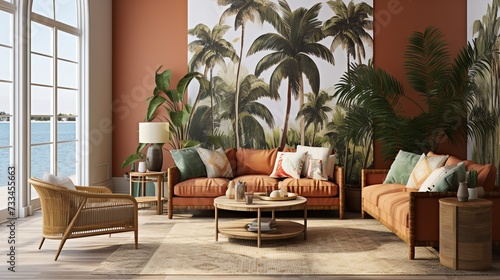 Lush Tropical Oasis  Vibrant Living Room with Exotic Flair and Greenery