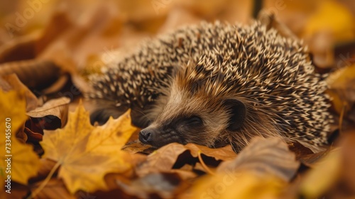 Cute Hedgehog Curled Up in Autumn Leaves AI Generated.