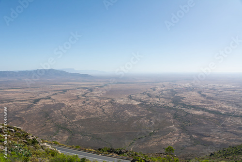 View from Vanrhyns Pass on Road R27 at the Northern Cape Province in South Africa under blue sky. photo