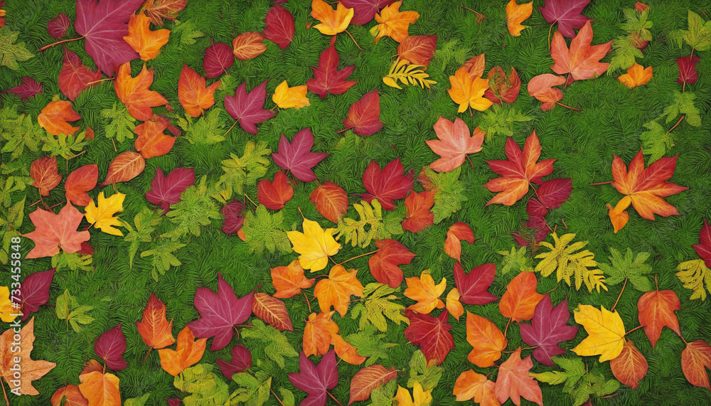 Vibrant autumn leaves decorate the green forest in multi colored beauty 