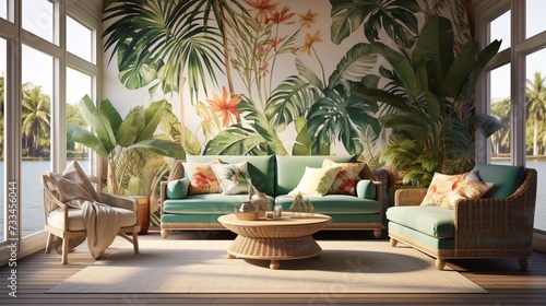 Lush Tropical Oasis: Vibrant Living Room with Exotic Flair and Greenery