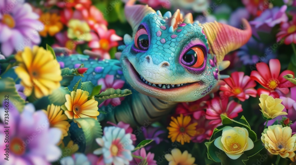 Charming Dragon Hatchling Amidst a Rainbow of Flowers
