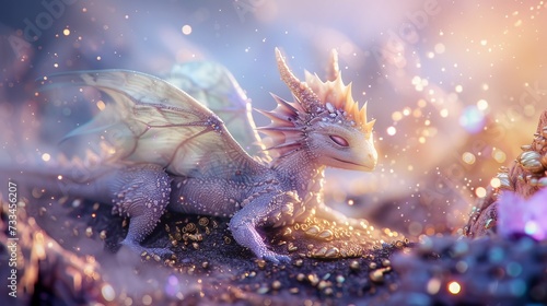Charming young dragon with sparkling wings resting amidst a vibrant flower garden