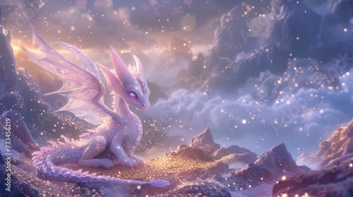 Young dragon nestled on a snow-covered mountain under a twilight sky