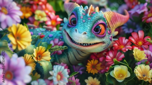 Charming Dragon Hatchling Amidst a Rainbow of Flowers © SpiralStone