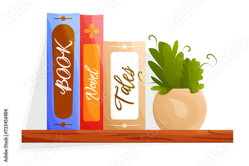 Books and a flower pot on a wooden shelf in cartoon style. Isolated books on a shelf with wooden texture on a white background in cartoon style.  Place for text