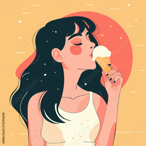 Girl eating ice cream. Happy excited portrait of woman with cone popsicle. Caucasian beautiful young woman model. Delicious cold tasty in summer. Cartoon vector ai illustration