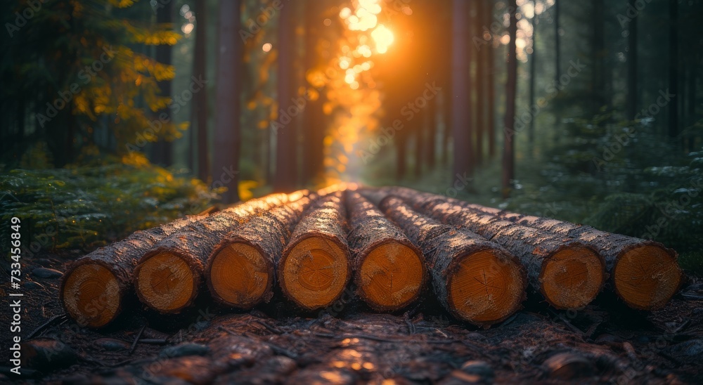 Amber light dances upon a pile of fallen logs, bringing warmth and comfort to the crisp autumn forest - obrazy, fototapety, plakaty 
