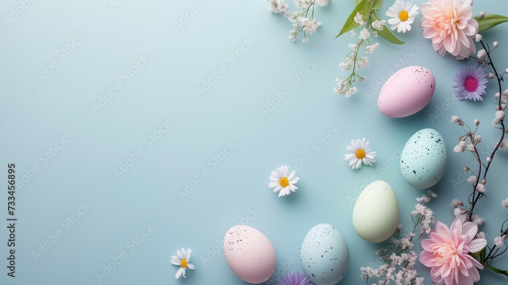 Happy Easter flat lay composition. Easter eggs with flowers on pastel blue background. Easter card design, template.