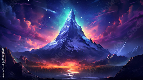 Neon Peaks: Surreal Digital Painting of Towering Alien Mountain Glowing Against Starry Indigo Sky, Vibrant and Mesmerizing.