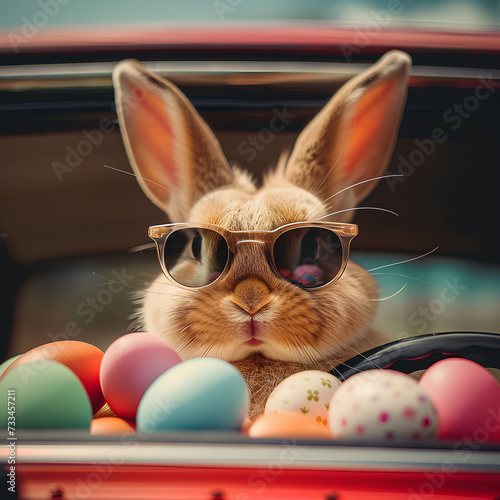 imagine Cute Easter bunny with sunglasses traveling in a modern car for Easter egg,