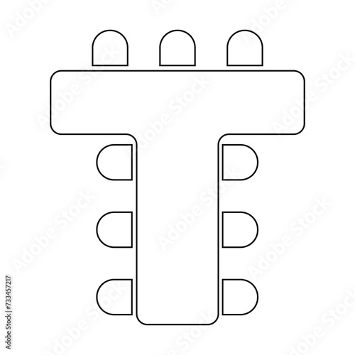 T-shaped table and chairs icons top view. Business office or cabinet seating interior plan. Seats arrangement on meeting, conference, training, banquet or event. Vector graphic illustration