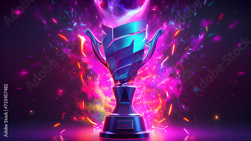 Champion's Glory: Sleek 3D Render of Esports Gaming Trophy with Intricate Details, Vibrant Lighting, and Confetti, Capturing the Thrill of Victory.