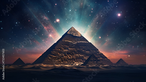 "Ancient Mysteries: Digital Illustration of Weathered Pyramid Amidst Stunning Galaxy Night, Emanating Cosmic Beauty and Sense of Ancient Secrets."