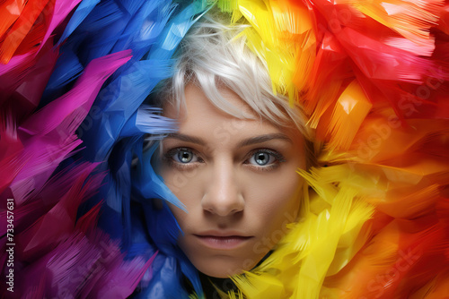 A woman looks directly into the camera, her face framed by a colourful array of rainbow feathers during a lively Gay Pride Day celebration.