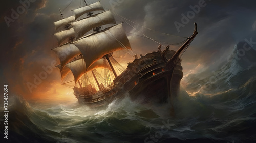 "Tempestuous Voyage: Oil Painting of Ship Battling Dark Stormy Seas, Dramatic Lighting Capturing Nature's Fury and Intensity."