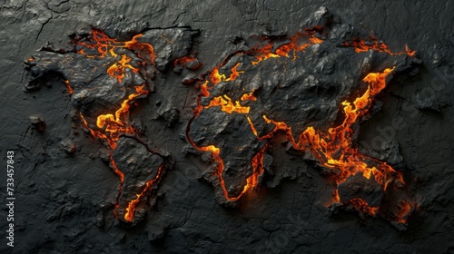World map made of lava. All continents of the burned world