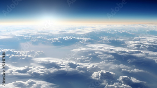 "Aerial Wonder: Captivating Digital Artwork of View from Airplane Window, Emphasizing Contrast of Fluffy Clouds and Brilliant Sun, Inspiring Sense of Wonder and Freedom."