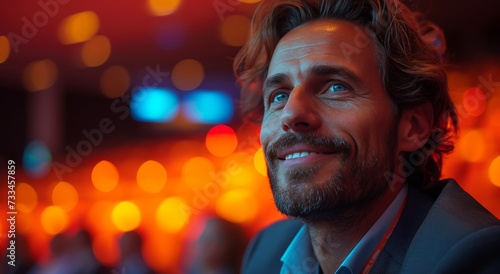 A handsome man gazes up with piercing blue eyes, his warm smile framed by a well-groomed beard and moustache, as light illuminates his chiseled features and stylish clothing