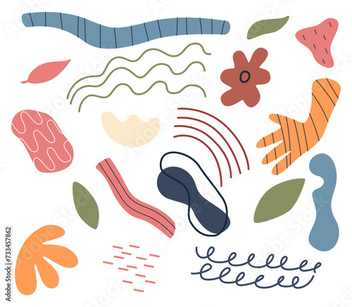 Trendy set of abstract organic shapes, objects, tropical fruits and seaweed. Contemporary hand drawn vector illustration