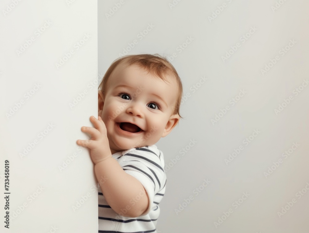 A baby is smiling and leaning against a wall.