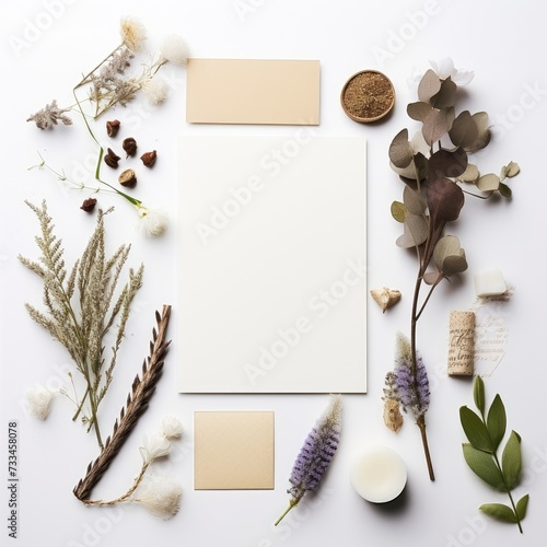 Flat lay composition with blank paper  autumn leaves  pine cones  pencils on white background