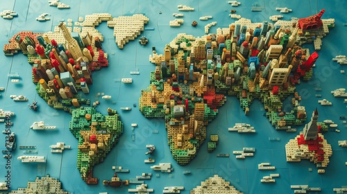 World map made of cubes. All continents of the toys world photo