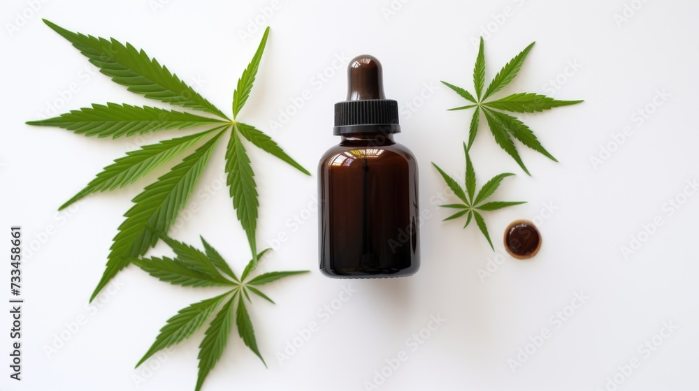 A bottle of cbd oil next to a cannabis leaf. A bottle of cbd oil next to a cannabis leaf.