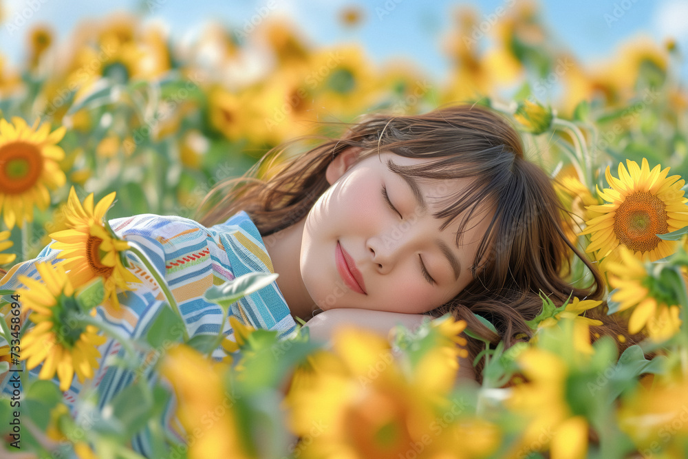 An Asian young woman lying in a sunflower field with her eyes closed and a serene expression, deeply relaxing on a sunny day, away from stress, healing ritual An Asian young woman lying in a sunflower field with her eyes closed and a serene expression, deeply relaxing on a sunny day, away from stress, healing ritual