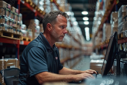 A focused man in casual attire works diligently on his laptop amidst the bustling shelves of books in an indoor shop, bringing the virtual world to life in a physical space