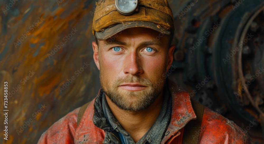 A striking portrait of a rugged man with piercing blue eyes, donning a stylish orange hat that adds a pop of color to his otherwise monochromatic attire