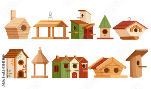 Stampa su tela Set of wooden birdhouse with roof and hole vector illustration isolated on white