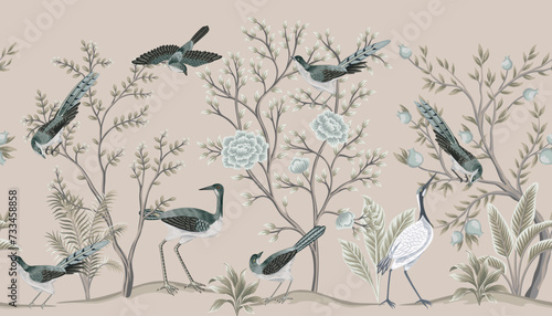 Vintage botanical garden tree, crane, Chinese birds, plant floral seamless border. Exotic chinoiserie mural.	