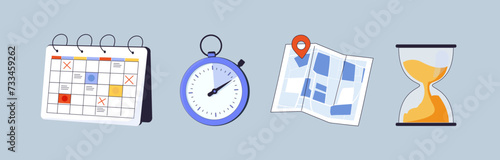 Flat modern icons about location, time and date. Contains such icons as clock, schedule, calendar and pin. Deadlines