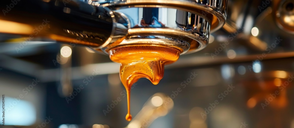 A close up of a coffee machine pouring liquid into a martini glass, resembling a cocktail being served in stemware.