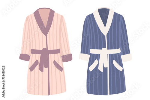 Pink and blue color soft comfortable cotton bathrobe for spa or bathroom vector illustration isolated on white background