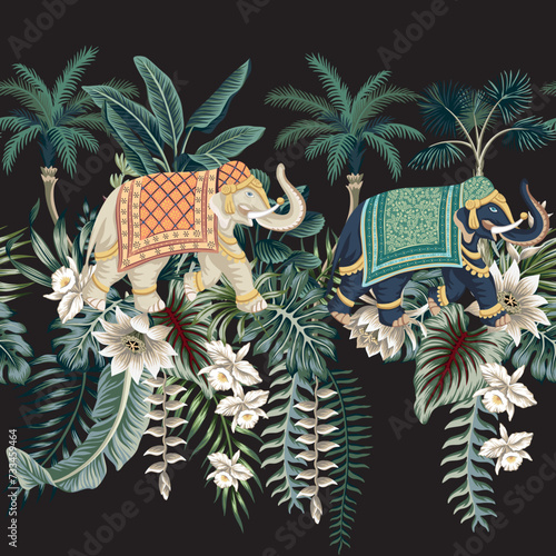 Indian elephant, palm trees, leaves, lotus, orchid flower, tropical plant seamless pattern. Jungle wallpaper.	
