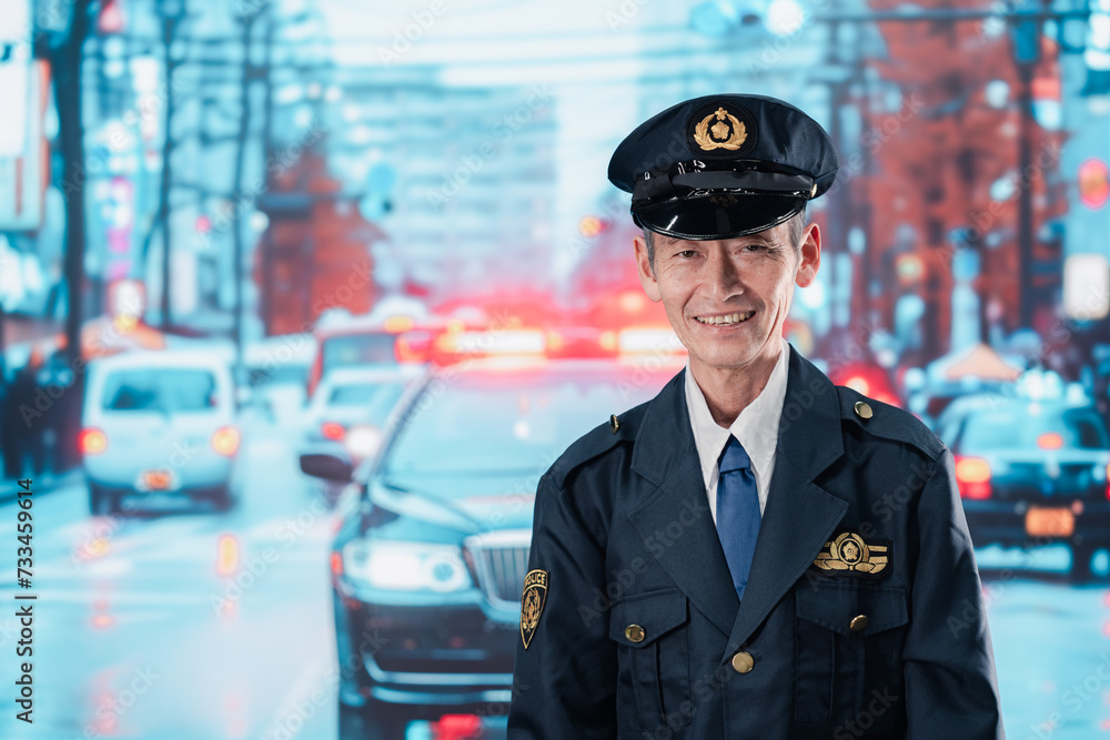 Obraz premium 道路で警戒にあたる男性の警察官