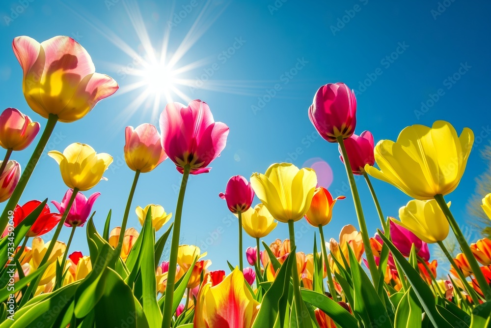 Fototapeta premium A field of colorful tulips with leaves with the sun shining through them